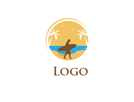 circular logo with palm trees and a surfer walking on the beach