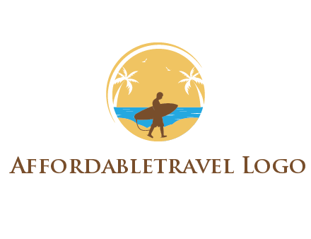 circular logo with palm trees and a surfer walking on the beach