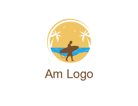 circular logo with palm trees and a surfer walking on the beach