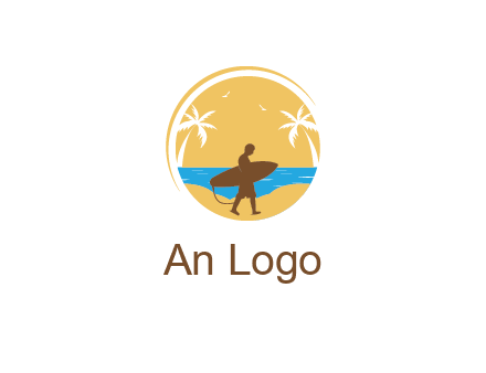circular logo with palm trees and a surfer walking on the beach