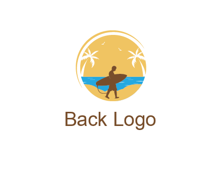 circular logo with palm trees and a surfer walking on the beach