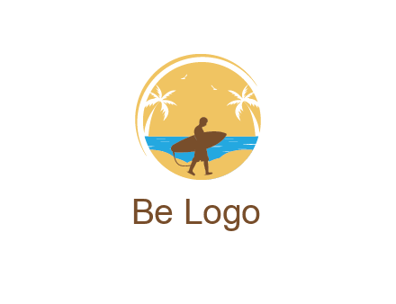 circular logo with palm trees and a surfer walking on the beach