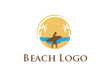 circular logo with palm trees and a surfer walking on the beach