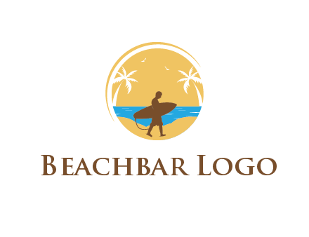 circular logo with palm trees and a surfer walking on the beach