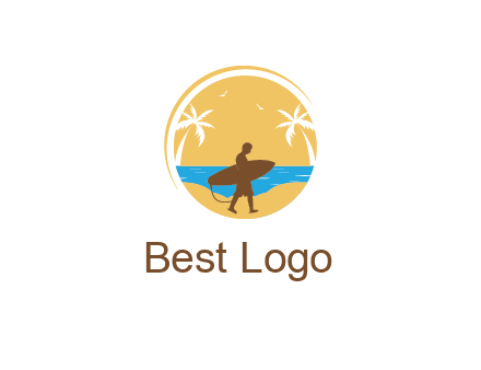 circular logo with palm trees and a surfer walking on the beach