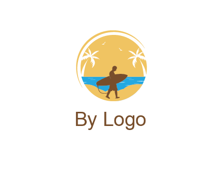 circular logo with palm trees and a surfer walking on the beach