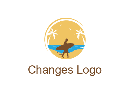 circular logo with palm trees and a surfer walking on the beach