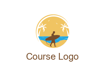 circular logo with palm trees and a surfer walking on the beach