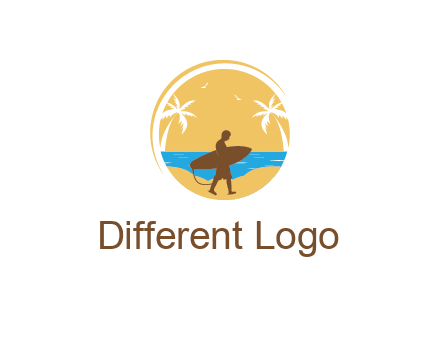 circular logo with palm trees and a surfer walking on the beach