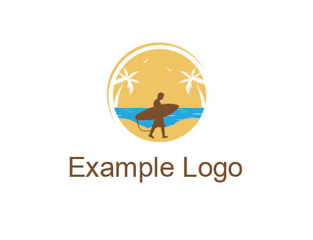 circular logo with palm trees and a surfer walking on the beach