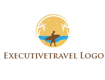 circular logo with palm trees and a surfer walking on the beach
