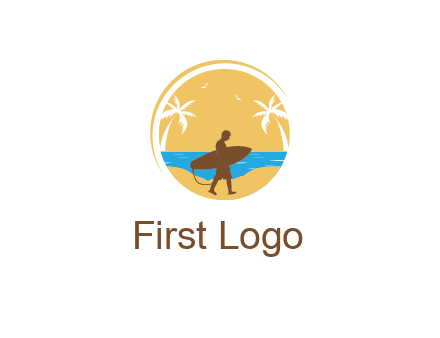 circular logo with palm trees and a surfer walking on the beach