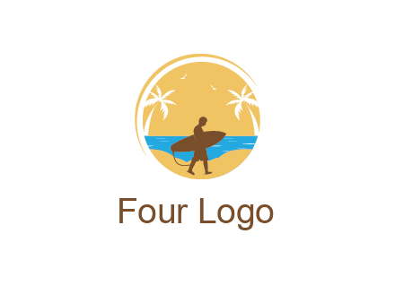 circular logo with palm trees and a surfer walking on the beach