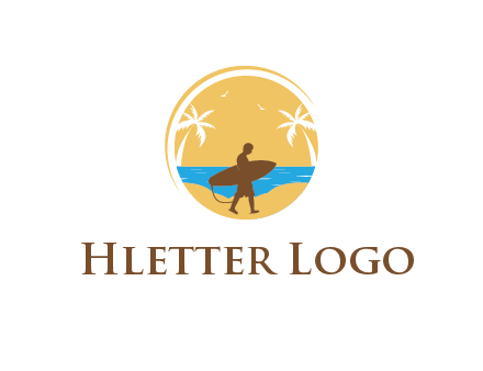 circular logo with palm trees and a surfer walking on the beach