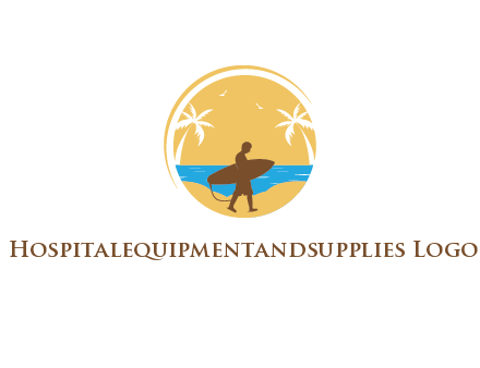 circular logo with palm trees and a surfer walking on the beach