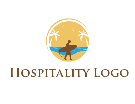 circular logo with palm trees and a surfer walking on the beach