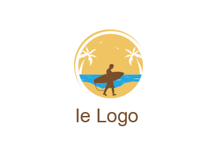 circular logo with palm trees and a surfer walking on the beach