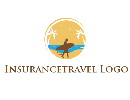 circular logo with palm trees and a surfer walking on the beach