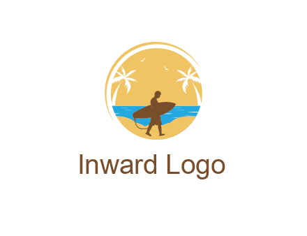 circular logo with palm trees and a surfer walking on the beach