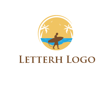 circular logo with palm trees and a surfer walking on the beach