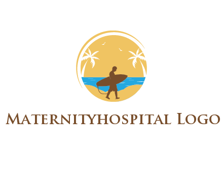 circular logo with palm trees and a surfer walking on the beach