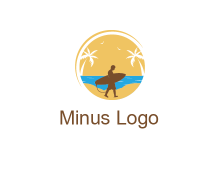 circular logo with palm trees and a surfer walking on the beach