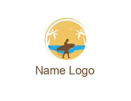 circular logo with palm trees and a surfer walking on the beach
