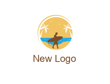 circular logo with palm trees and a surfer walking on the beach