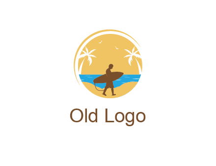 circular logo with palm trees and a surfer walking on the beach