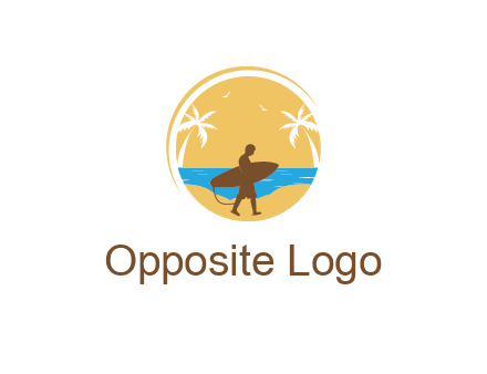 circular logo with palm trees and a surfer walking on the beach