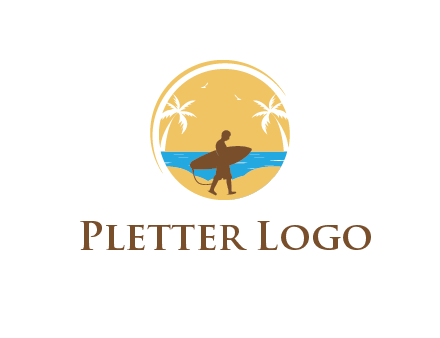 circular logo with palm trees and a surfer walking on the beach
