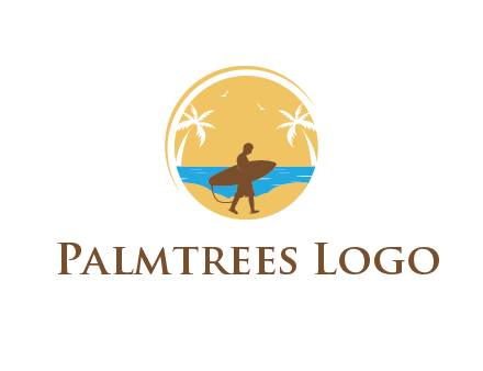 circular logo with palm trees and a surfer walking on the beach