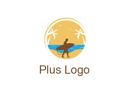 circular logo with palm trees and a surfer walking on the beach