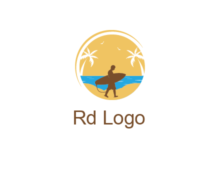 circular logo with palm trees and a surfer walking on the beach