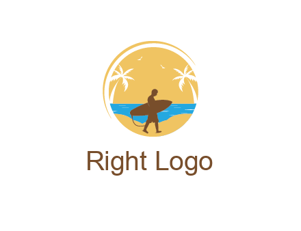 circular logo with palm trees and a surfer walking on the beach