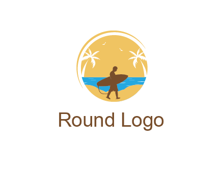 circular logo with palm trees and a surfer walking on the beach