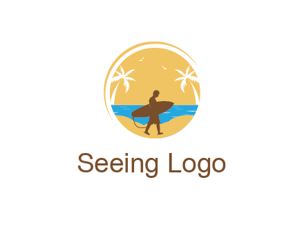 circular logo with palm trees and a surfer walking on the beach
