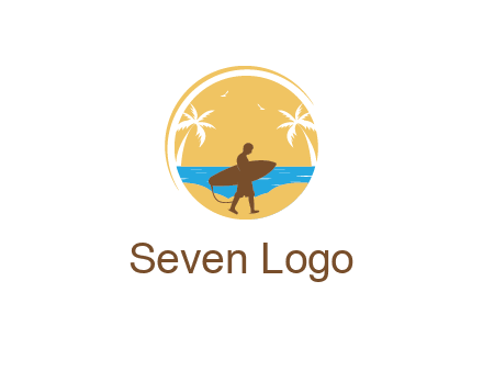 circular logo with palm trees and a surfer walking on the beach