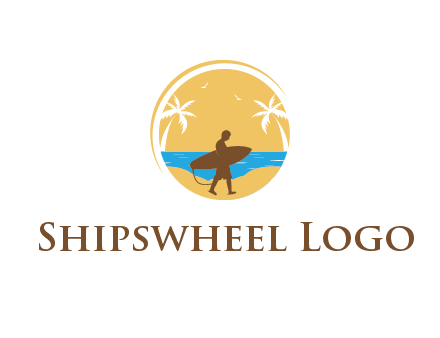 circular logo with palm trees and a surfer walking on the beach