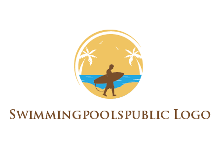 circular logo with palm trees and a surfer walking on the beach