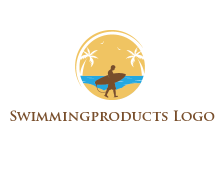 circular logo with palm trees and a surfer walking on the beach