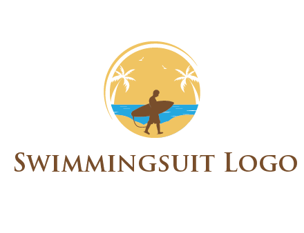 circular logo with palm trees and a surfer walking on the beach