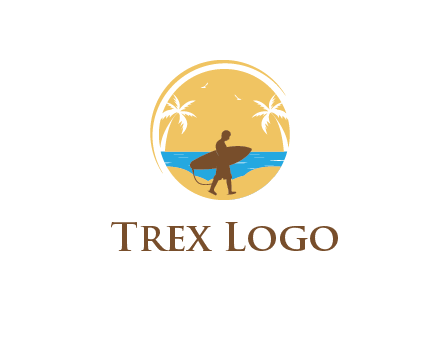 circular logo with palm trees and a surfer walking on the beach