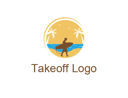 circular logo with palm trees and a surfer walking on the beach