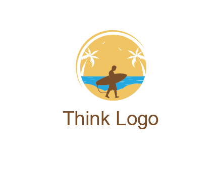 circular logo with palm trees and a surfer walking on the beach