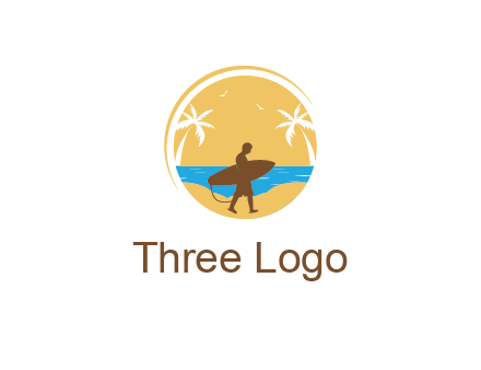 circular logo with palm trees and a surfer walking on the beach