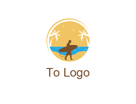 circular logo with palm trees and a surfer walking on the beach