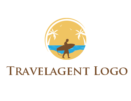 circular logo with palm trees and a surfer walking on the beach