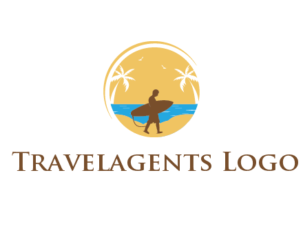 circular logo with palm trees and a surfer walking on the beach