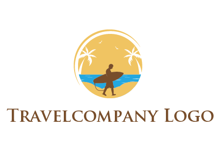 circular logo with palm trees and a surfer walking on the beach